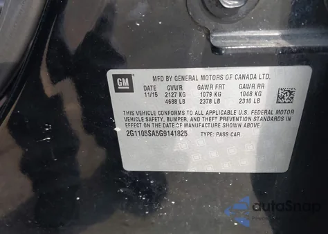 2016 Chevrolet Impala 1Lt из США, поврежденный, VIN 2G1105SA5G9141825